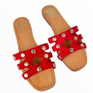 - Vince Camuto Red Leather Gold Studded 
  Slides Sandals Flats